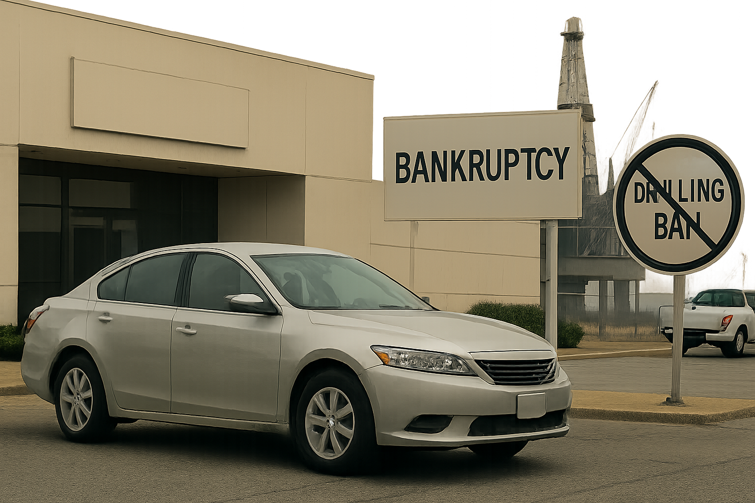 A silver sedan parked in front of a modern building with a large BANKRUPTCY sign and a crossed-out DRILLING BAN sign
