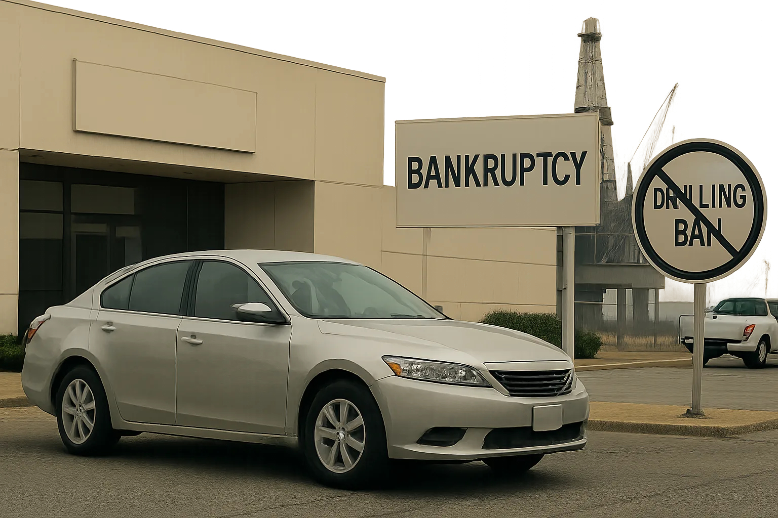 A silver sedan parked in front of a modern building with a large BANKRUPTCY sign and a crossed-out DRILLING BAN sign