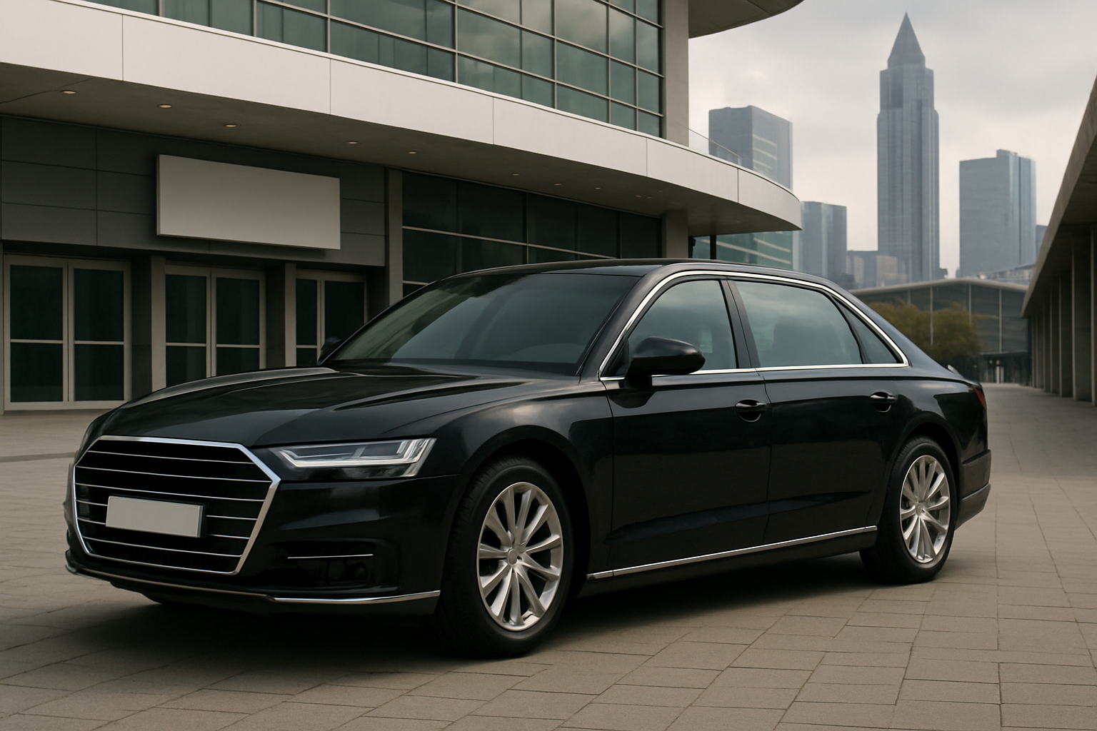 Sleek black luxury sedan parked on a tiled plaza with glass buildings and a city skyline in soft daylight