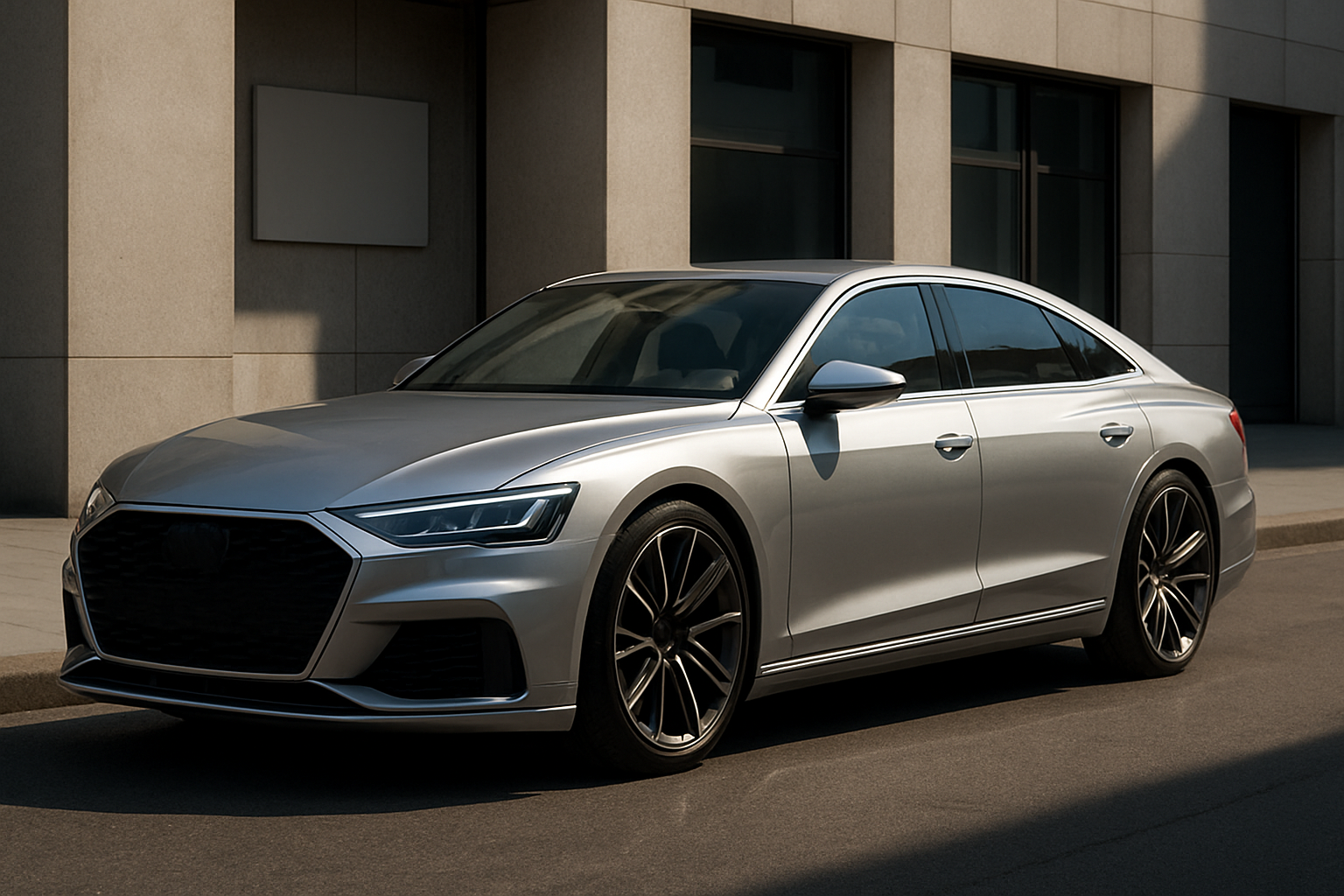 Sleek silver sedan with angular LED headlights and black alloy wheels parked beside a modern stone building in sunlight