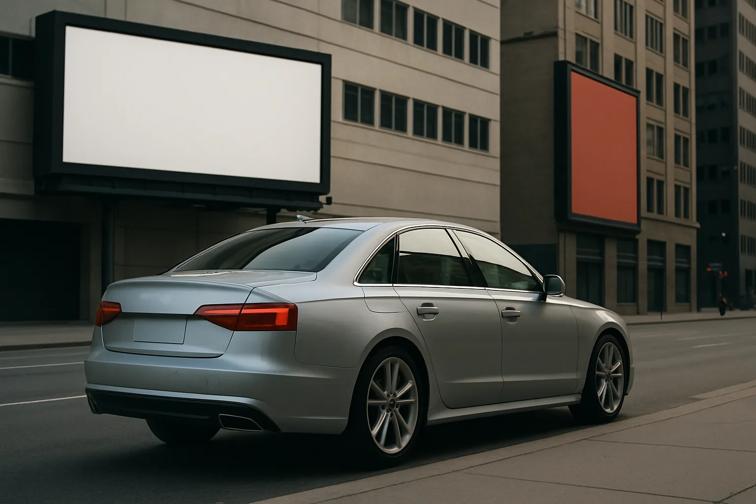 A silver sedan parked on a city street beside two tall buildings with large blank billboards, one white and one red