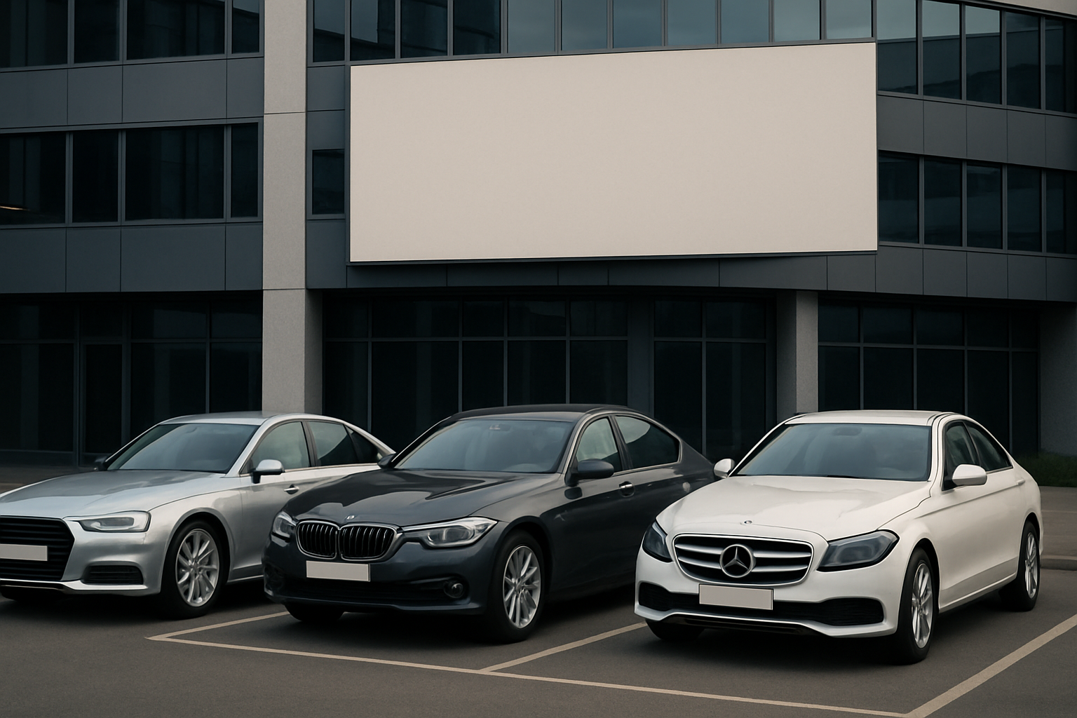 Three sleek, modern silver and white sedans parked side by side in front of a glass office building in soft daylight