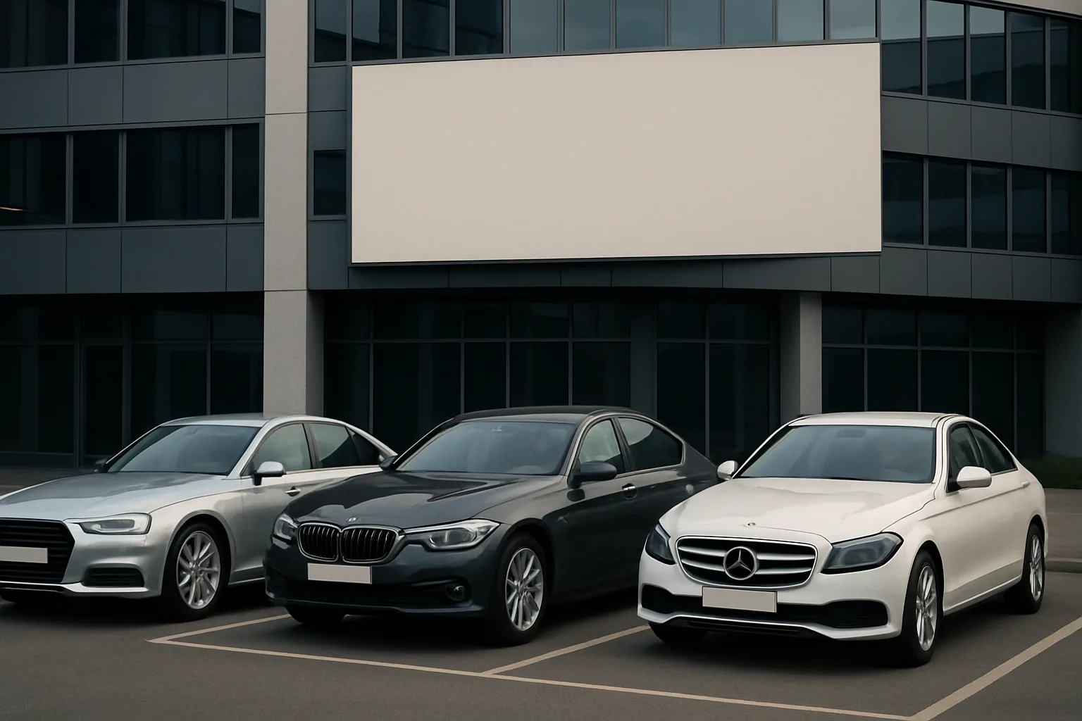 Three sleek, modern silver and white sedans parked side by side in front of a glass office building in soft daylight