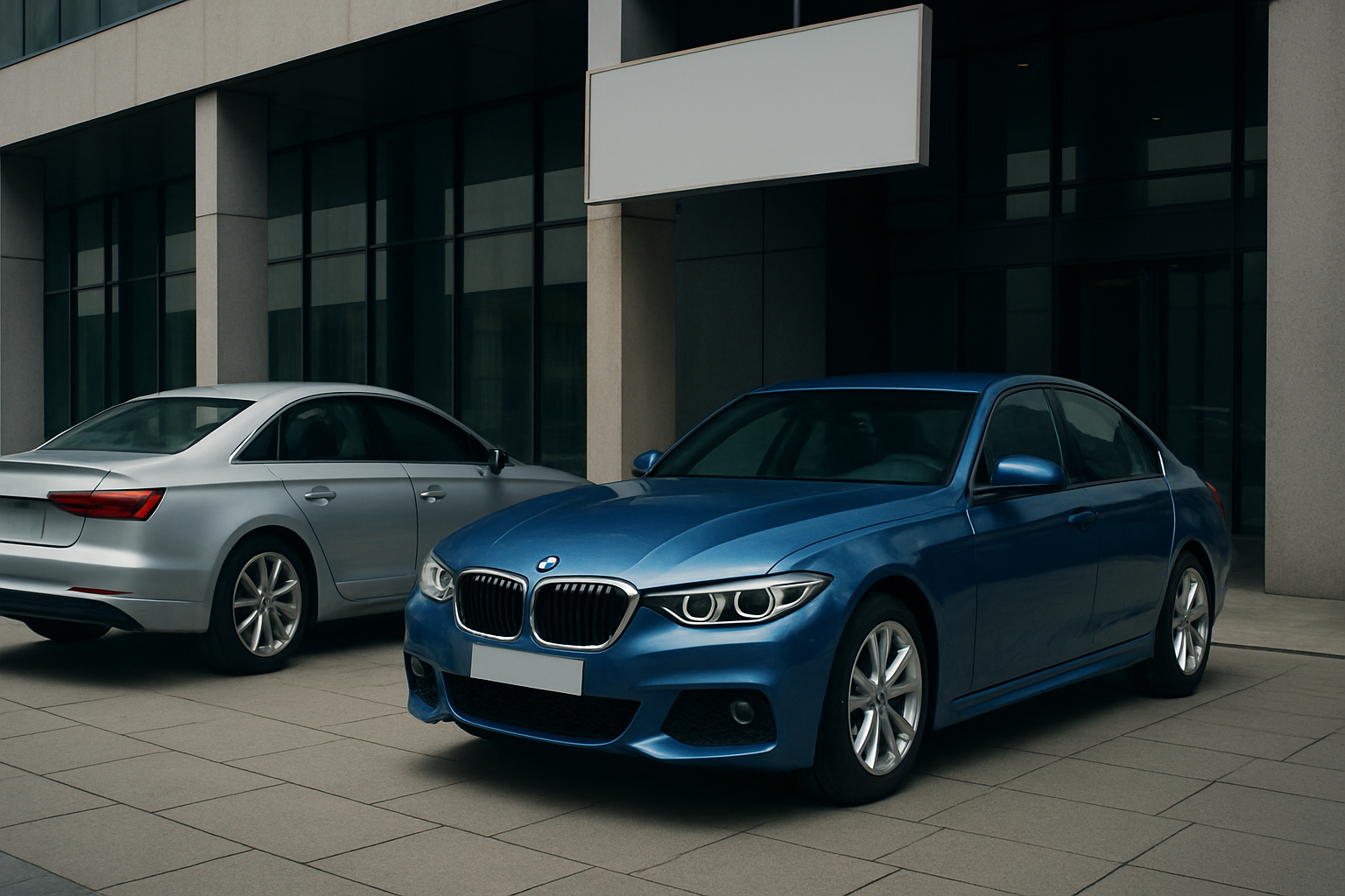Two sleek, modern sedans—one blue, one silver—parked on a smooth tiled plaza before a glass-fronted building