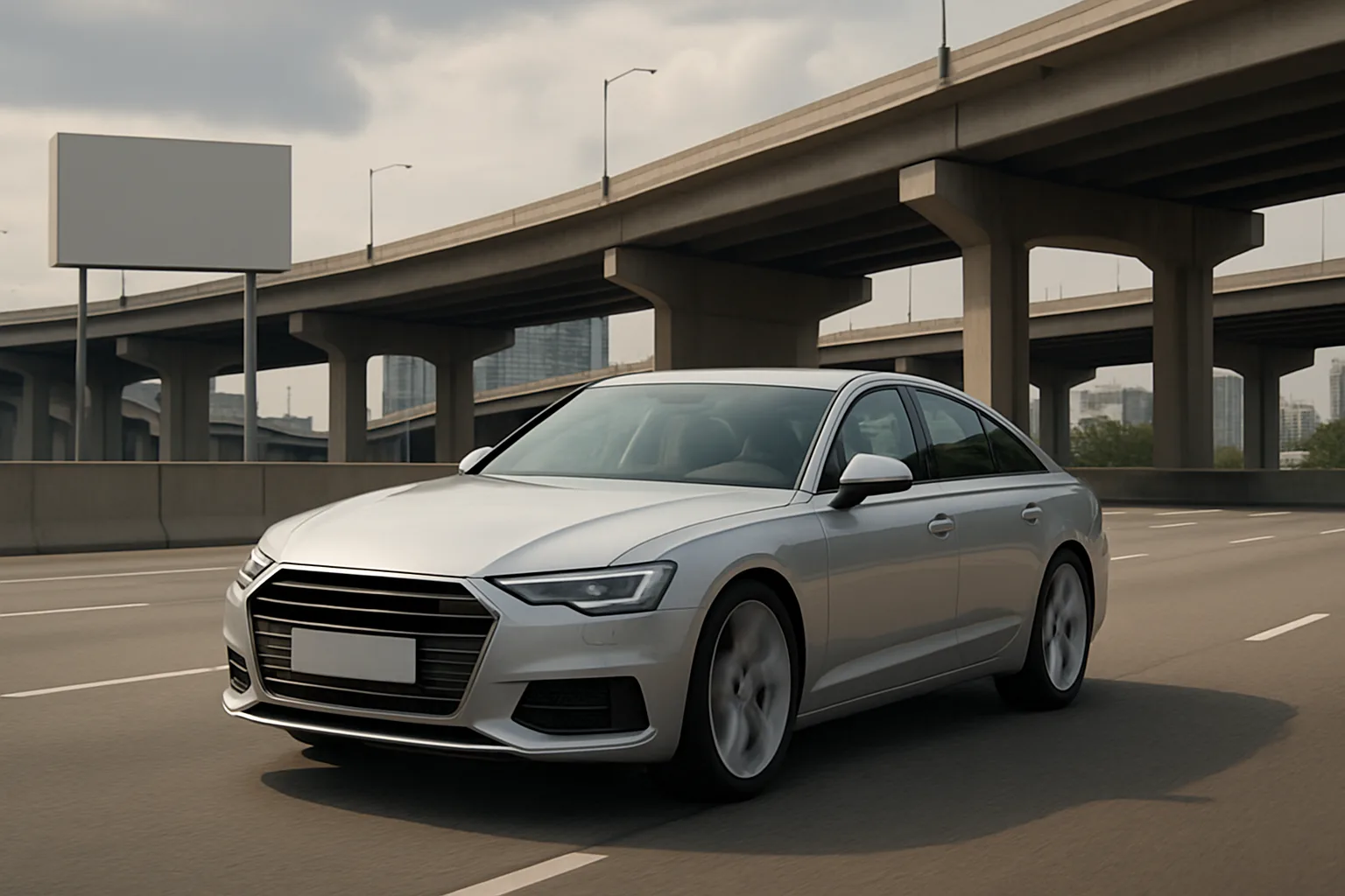 A sleek silver sedan driving on an empty multi-lane highway beneath concrete overpasses in soft daylight