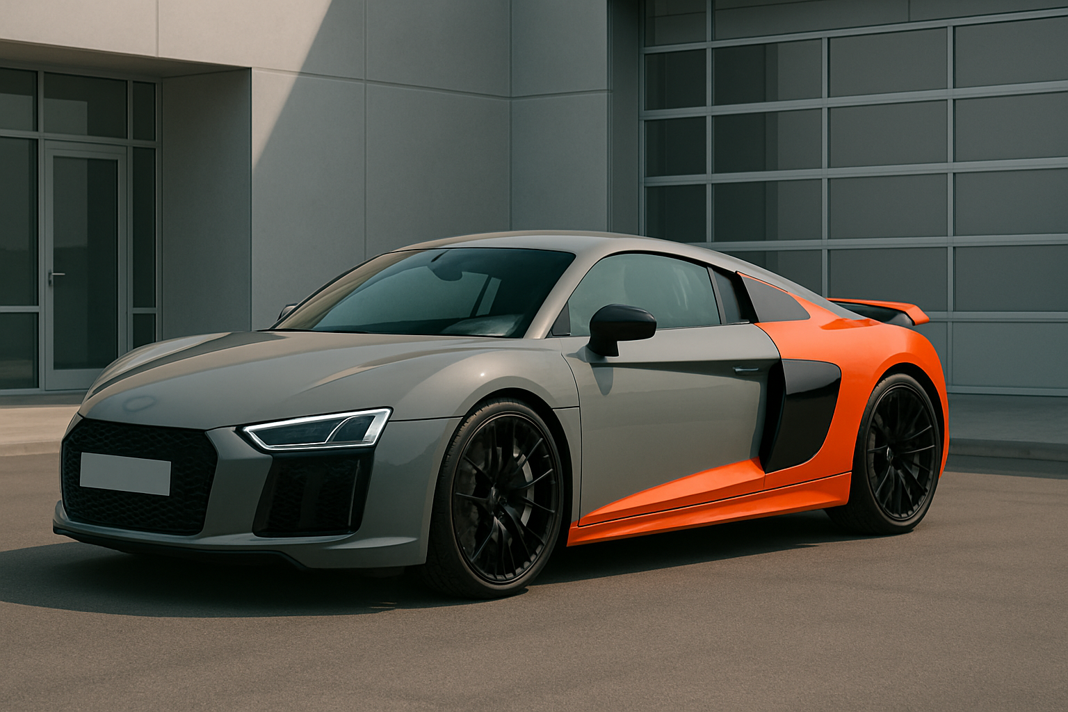 Sleek sports coupé with matte grey and vibrant orange two-tone finish parked on smooth tarmac near modern architecture
