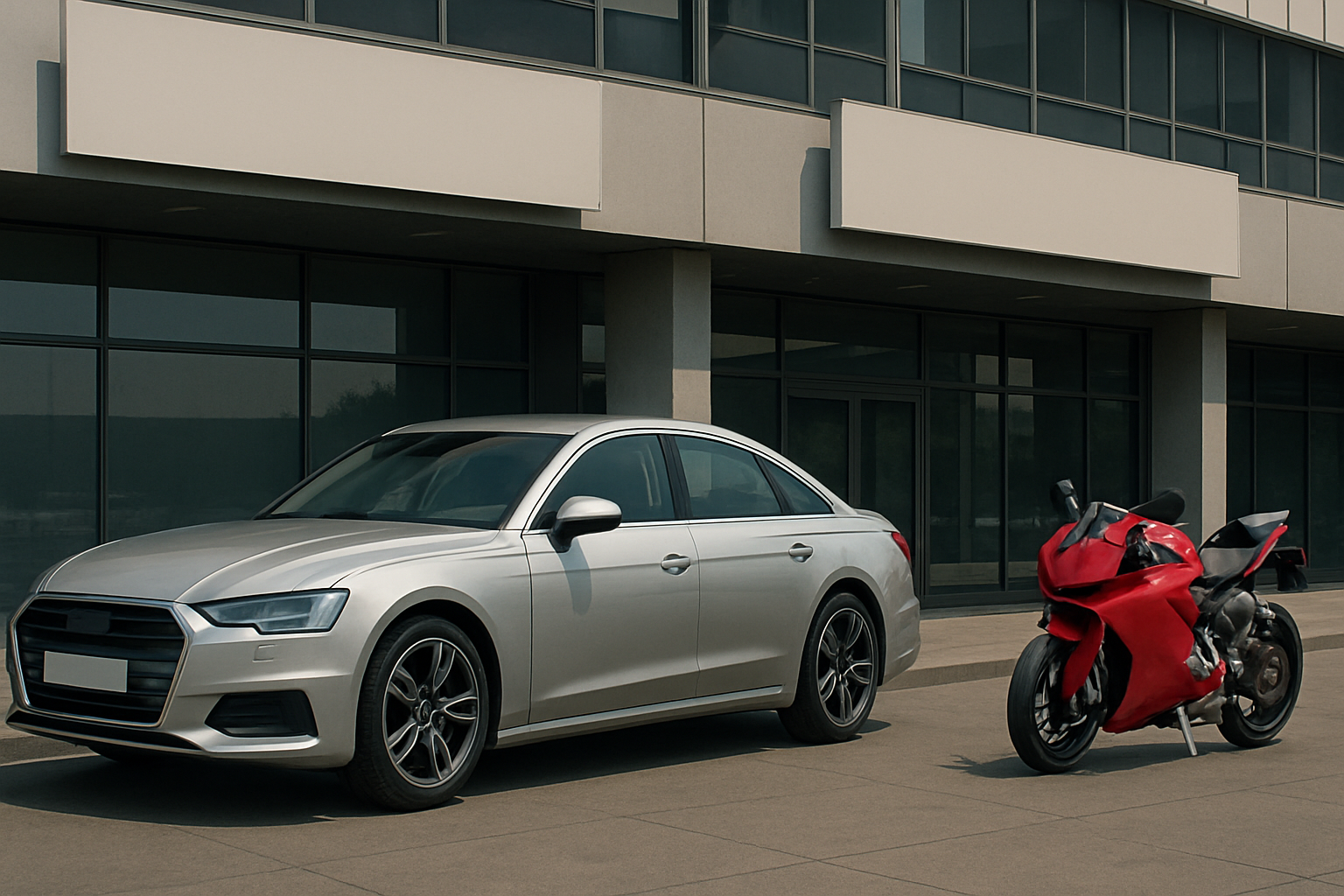 A sleek silver sedan and a vibrant red motorcycle parked side by side on a clean, sunlit concrete plaza outside a modern building