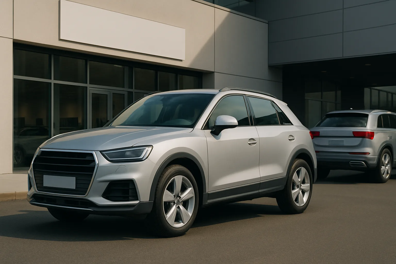 A silver compact SUV with tinted windows parked on tarmac outside a modern building, another SUV in the background