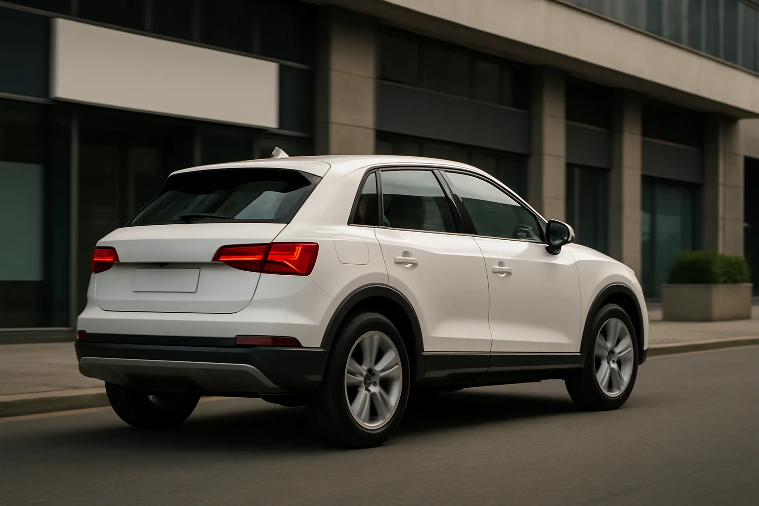 White compact SUV with tinted windows and silver trim drives past a modern, glass-fronted building in soft daylight