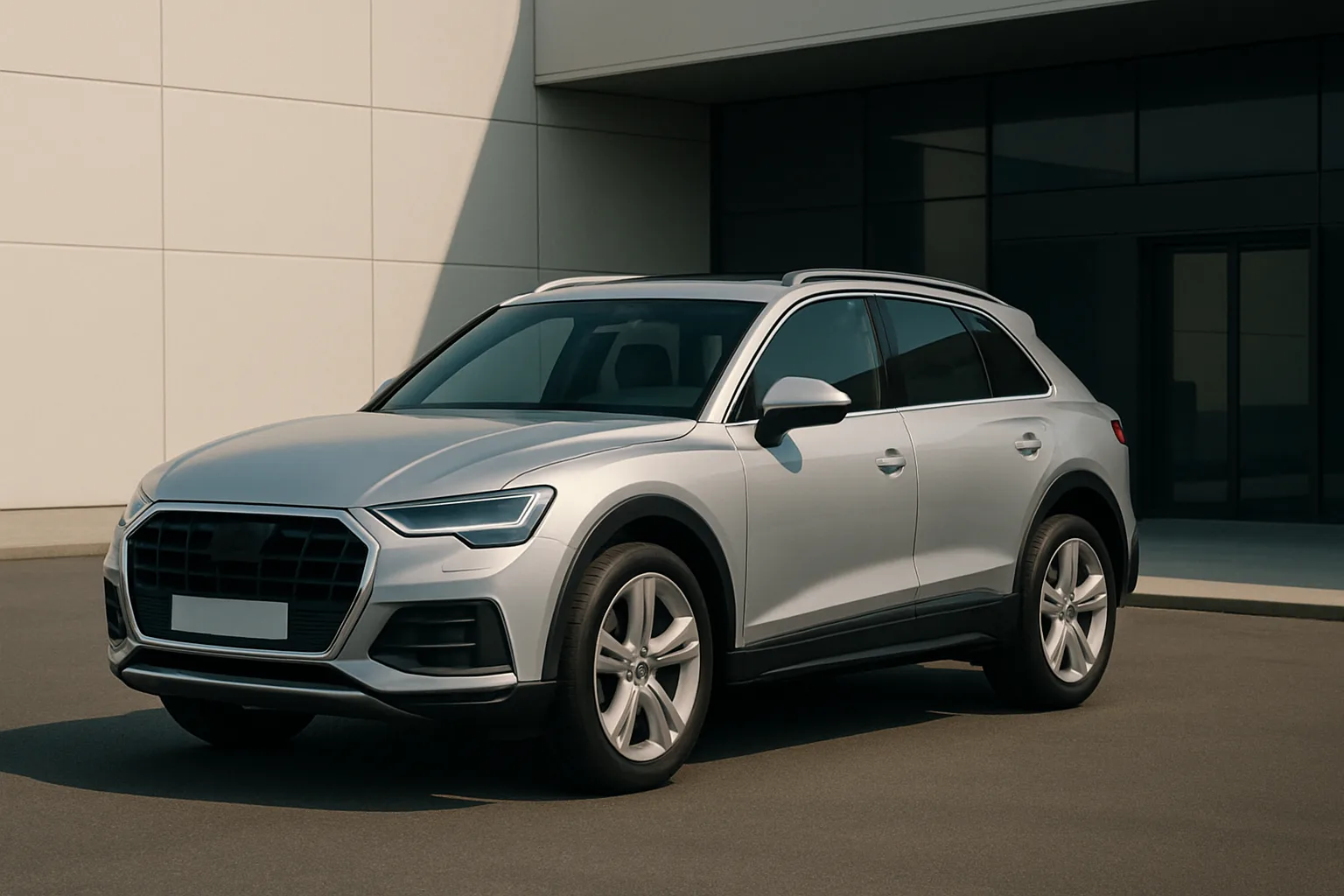 A silver SUV with sleek contours and large wheels parked on smooth pavement by a modern building in soft daylight
