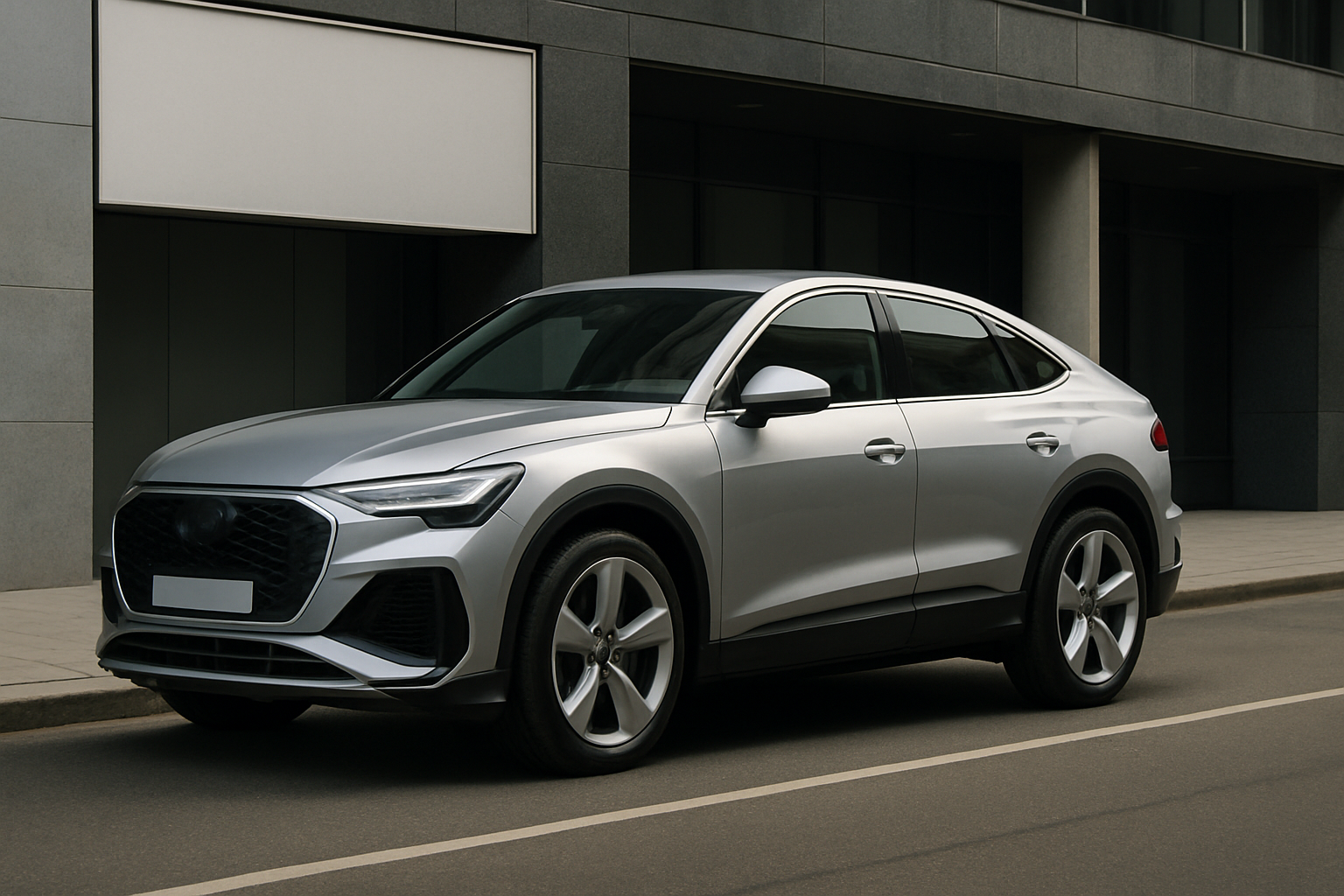 Silver coupé-style SUV with sleek lines and dark tinted windows parked on a city street beside a modern building