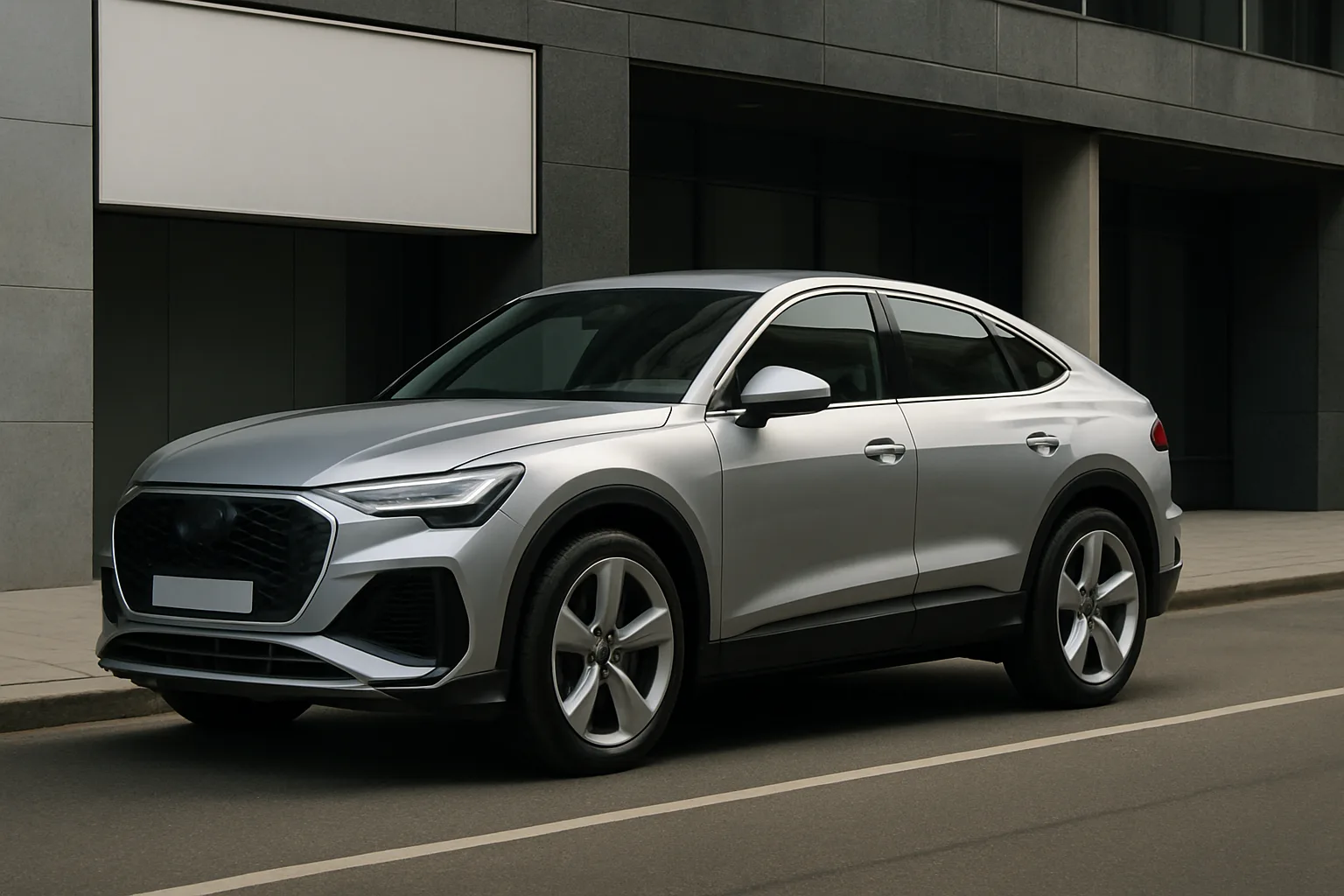 Silver coupé-style SUV with sleek lines and dark tinted windows parked on a city street beside a modern building