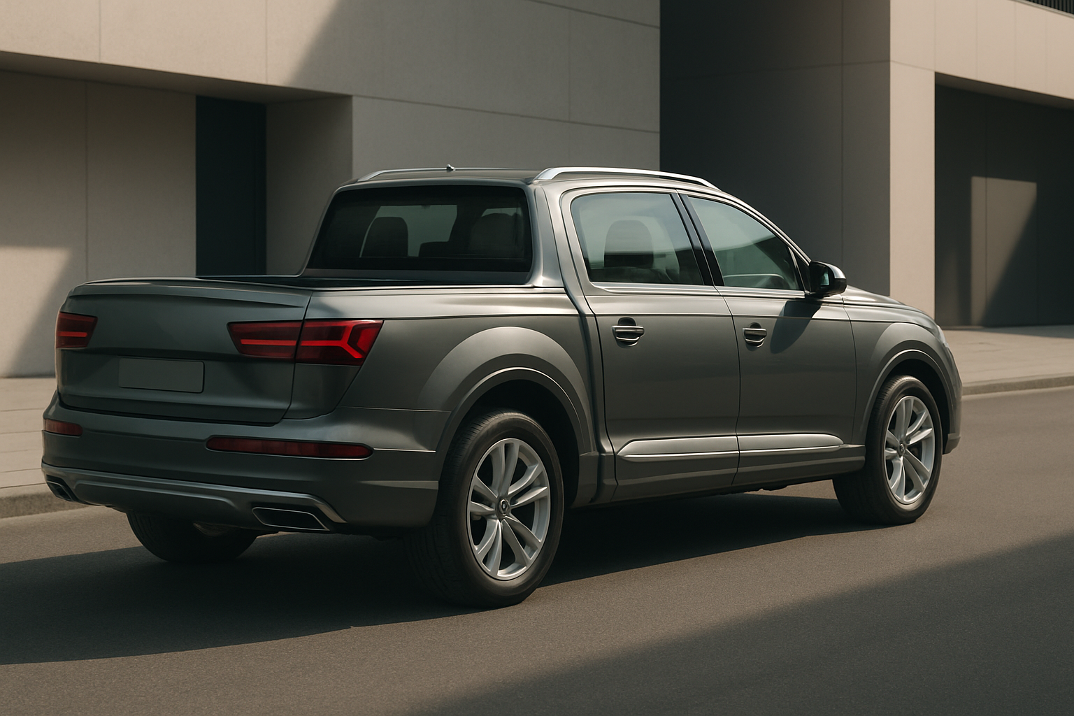 Sleek silver pickup truck with aerodynamic lines parked on a sunlit city street beside modern concrete buildings