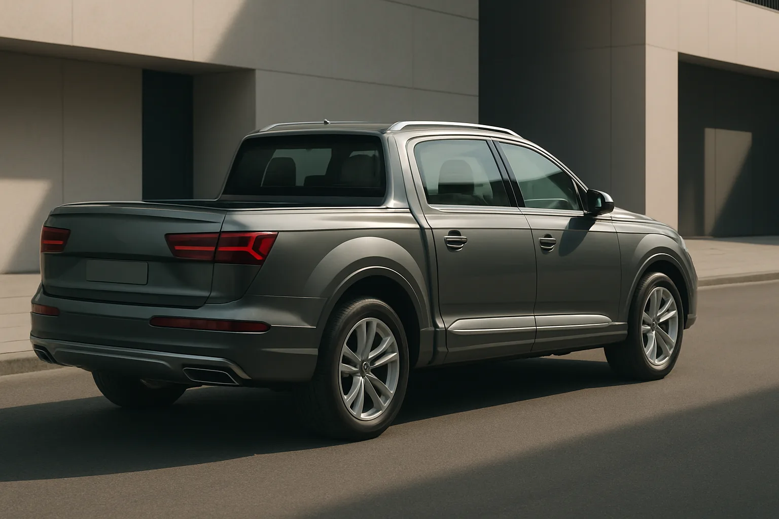 Sleek silver pickup truck with aerodynamic lines parked on a sunlit city street beside modern concrete buildings