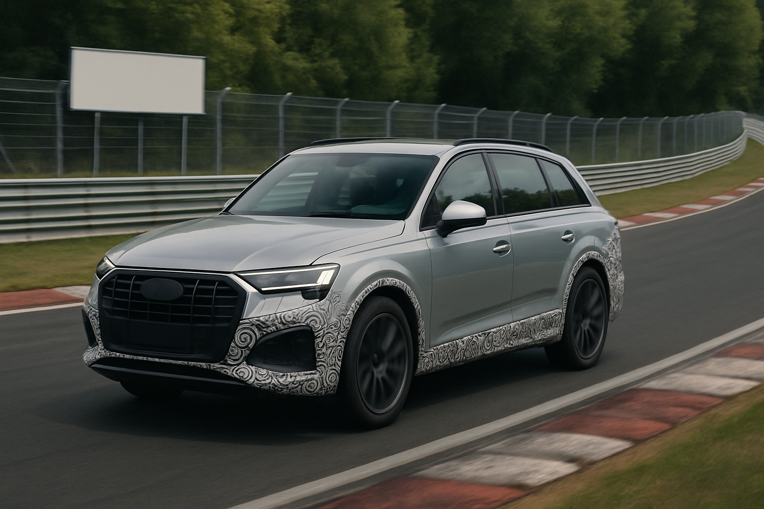 Silver SUV with black wheels and swirling camouflage patterns on the bumpers and sides driving on a racetrack