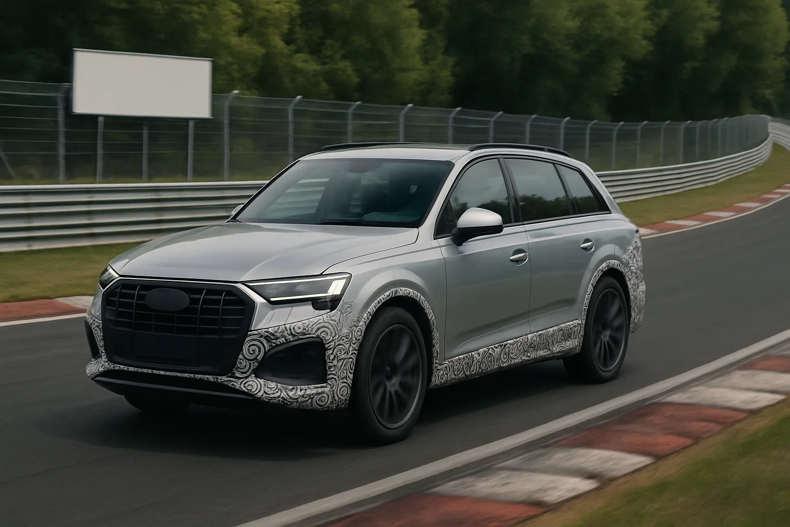 Silver SUV with black wheels and swirling camouflage patterns on the bumpers and sides driving on a racetrack