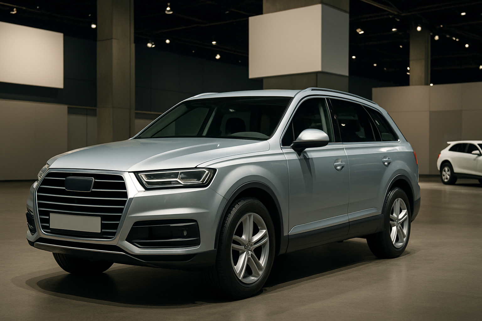 Silver SUV with tinted windows and alloy wheels parked indoors under soft overhead lighting, with another car in the background