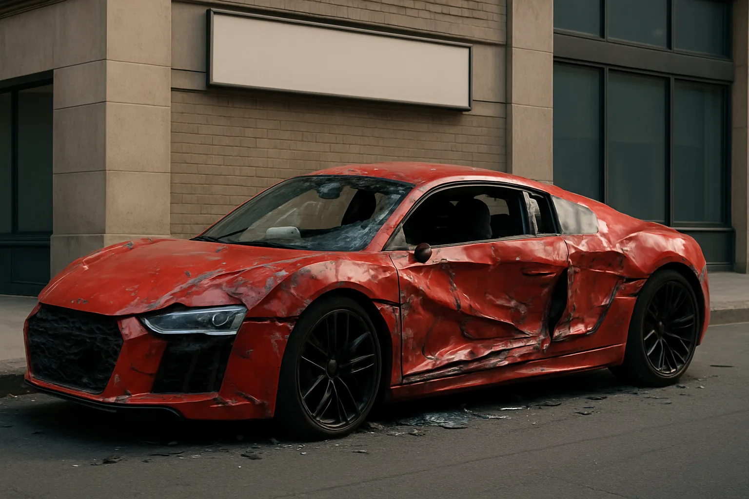 Bright red sports car with deep dents and smashed panels along its side sits parked on a city street in daylight
