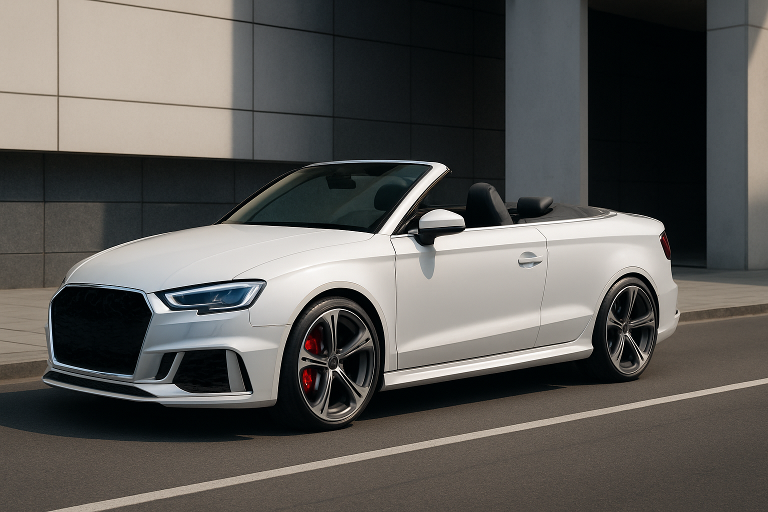 White convertible sports car with black grille and red brake calipers parked on a sunlit urban street