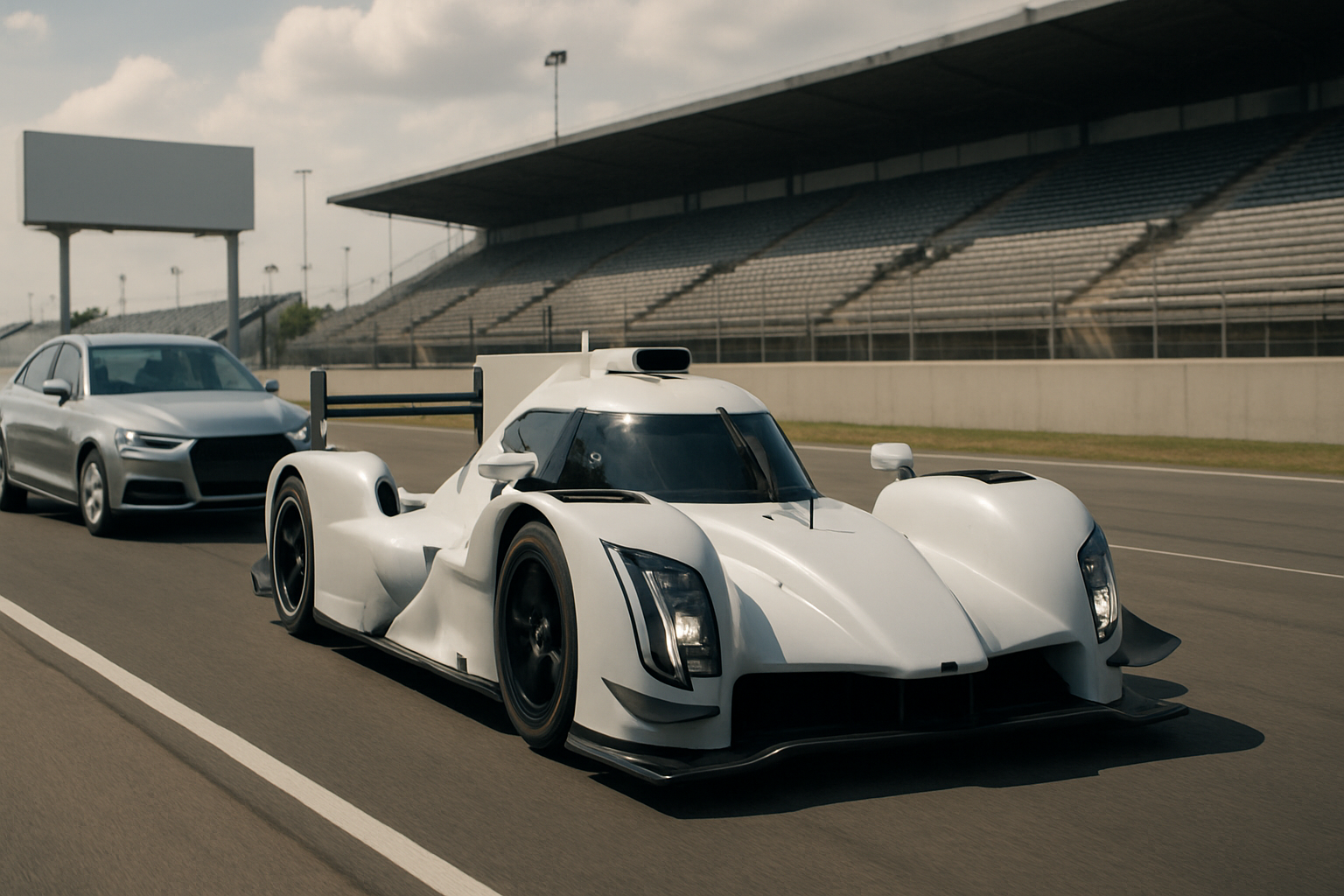 Futuristic white race car with black accents leads a silver sedan on a sunlit track beside empty grandstands