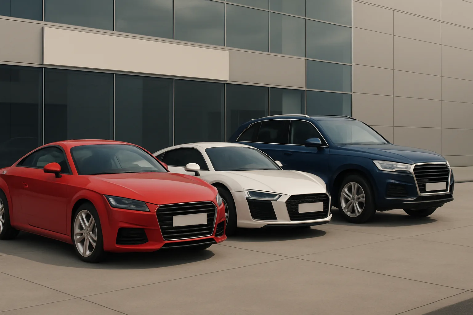 Three sleek cars in red, white, and blue are parked side by side on a clean concrete surface beside a modern glass building