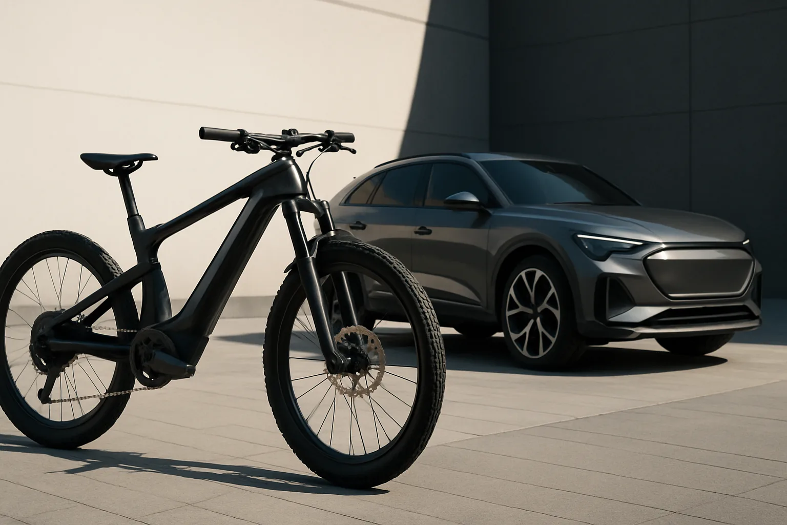 Sleek matte-black bicycle with sculpted carbon frame and disc brakes in sunlight, angular car parked behind on pale tiles