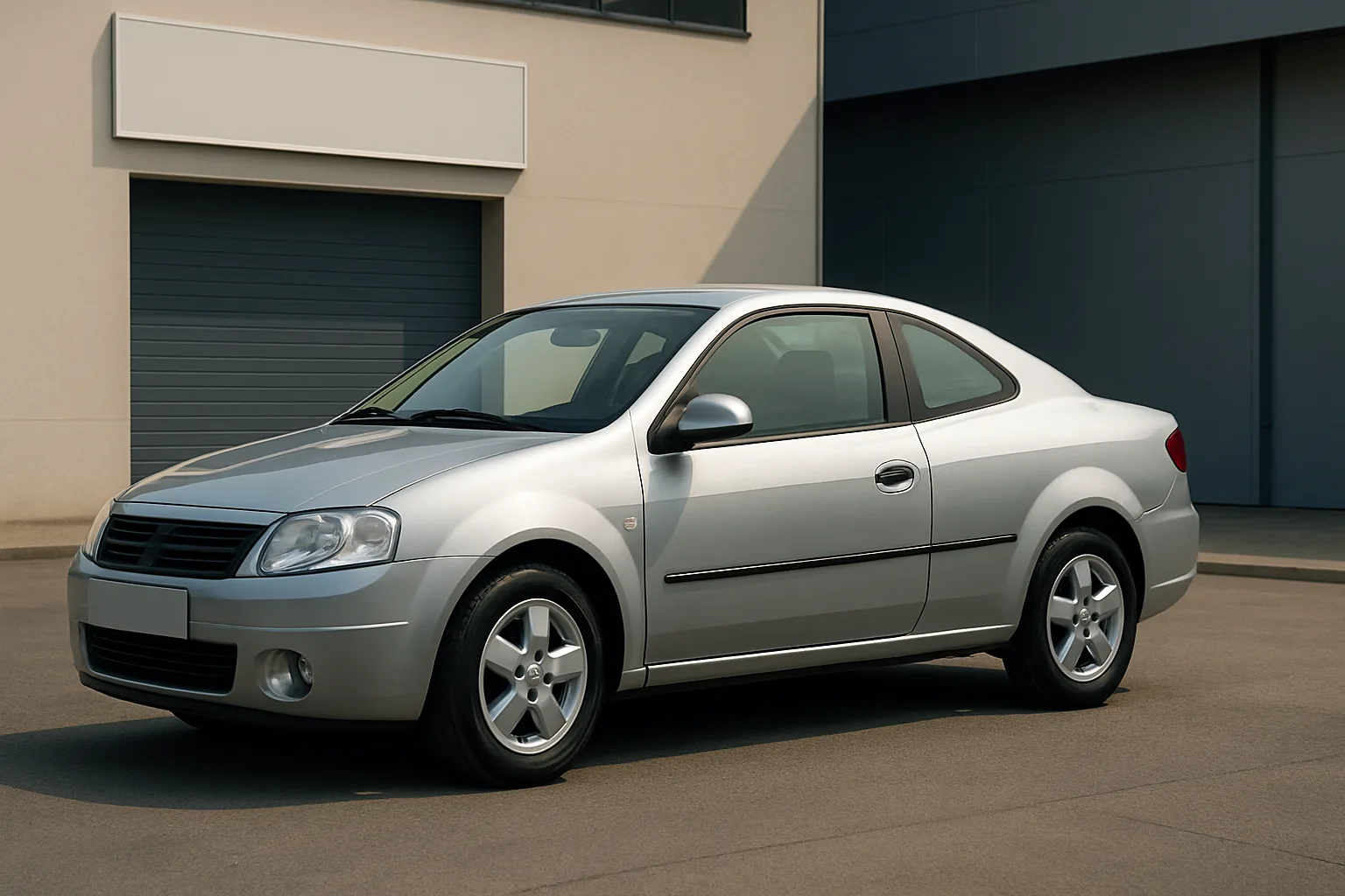 Silver two-door coupe with rounded lines and alloy wheels parked on smooth pavement near modern industrial buildings