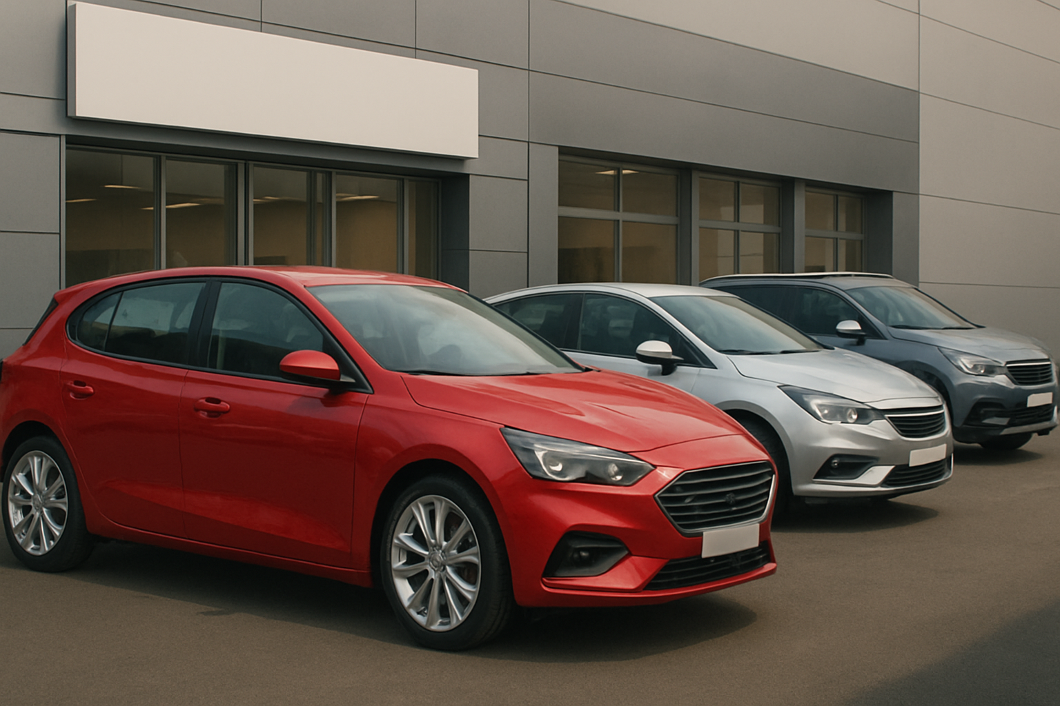 Three hatchback-style cars in red, silver, and dark grey parked side by side outside a modern grey building