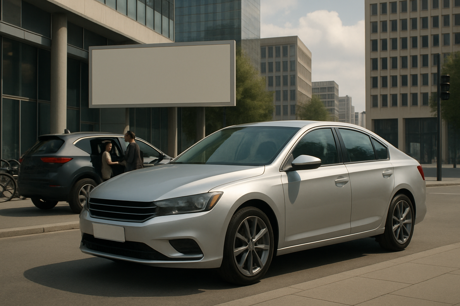A silver sedan parked on a city street with glass office buildings and two people beside a dark SUV in the background