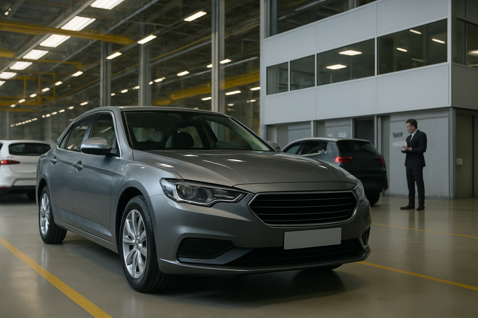 Grey sedan with modern lines parked in a spacious, well-lit industrial building with other cars and a suited figure in the background