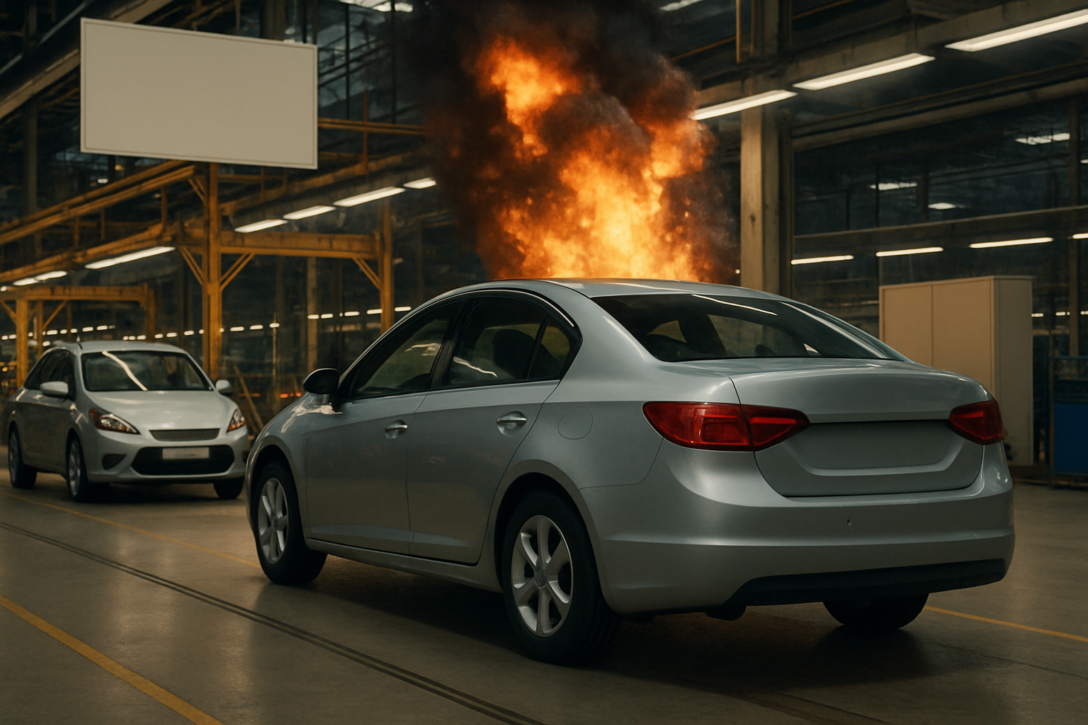 Two silver sedans in a spacious factory interior with bright overhead lighting and a large burst of flames in the background