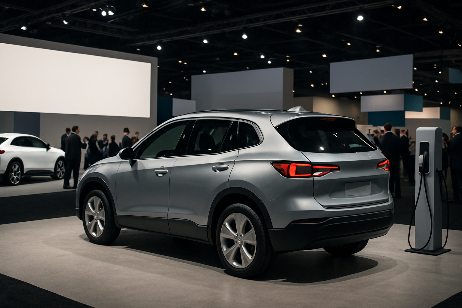 A sleek silver SUV with sharp lines is parked beside a charging station in a modern, brightly lit exhibition hall