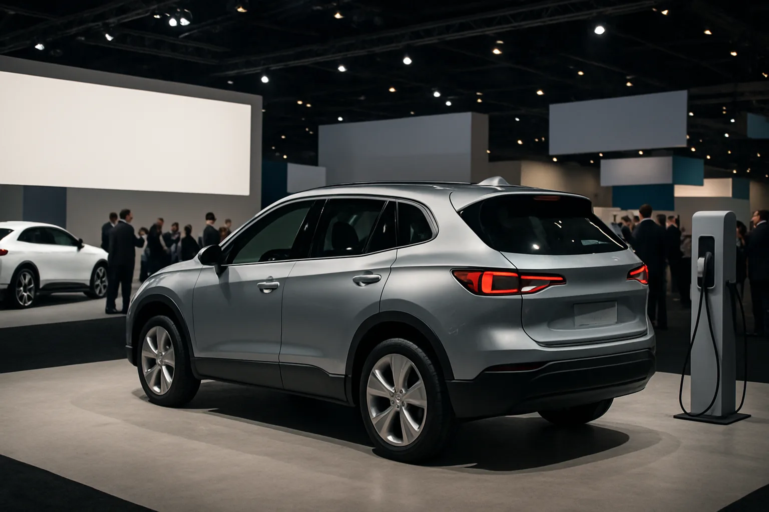 A sleek silver SUV with sharp lines is parked beside a charging station in a modern, brightly lit exhibition hall