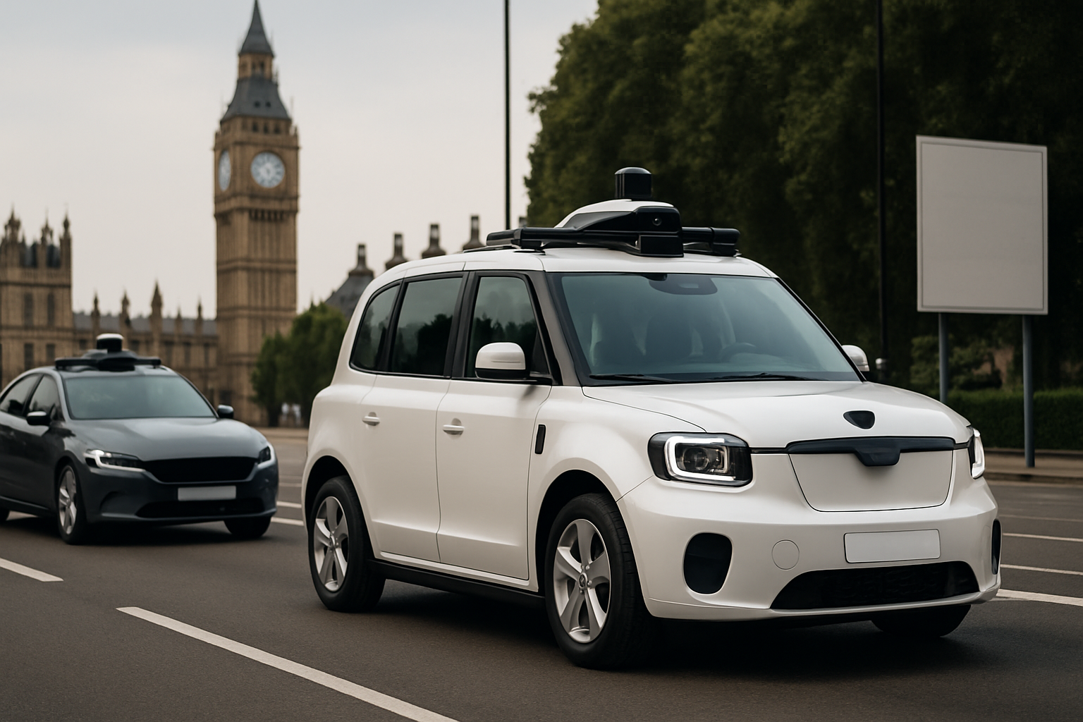 Two sleek, modern cars with rooftop sensors drive on a city street past Big Ben under a cloudy sky