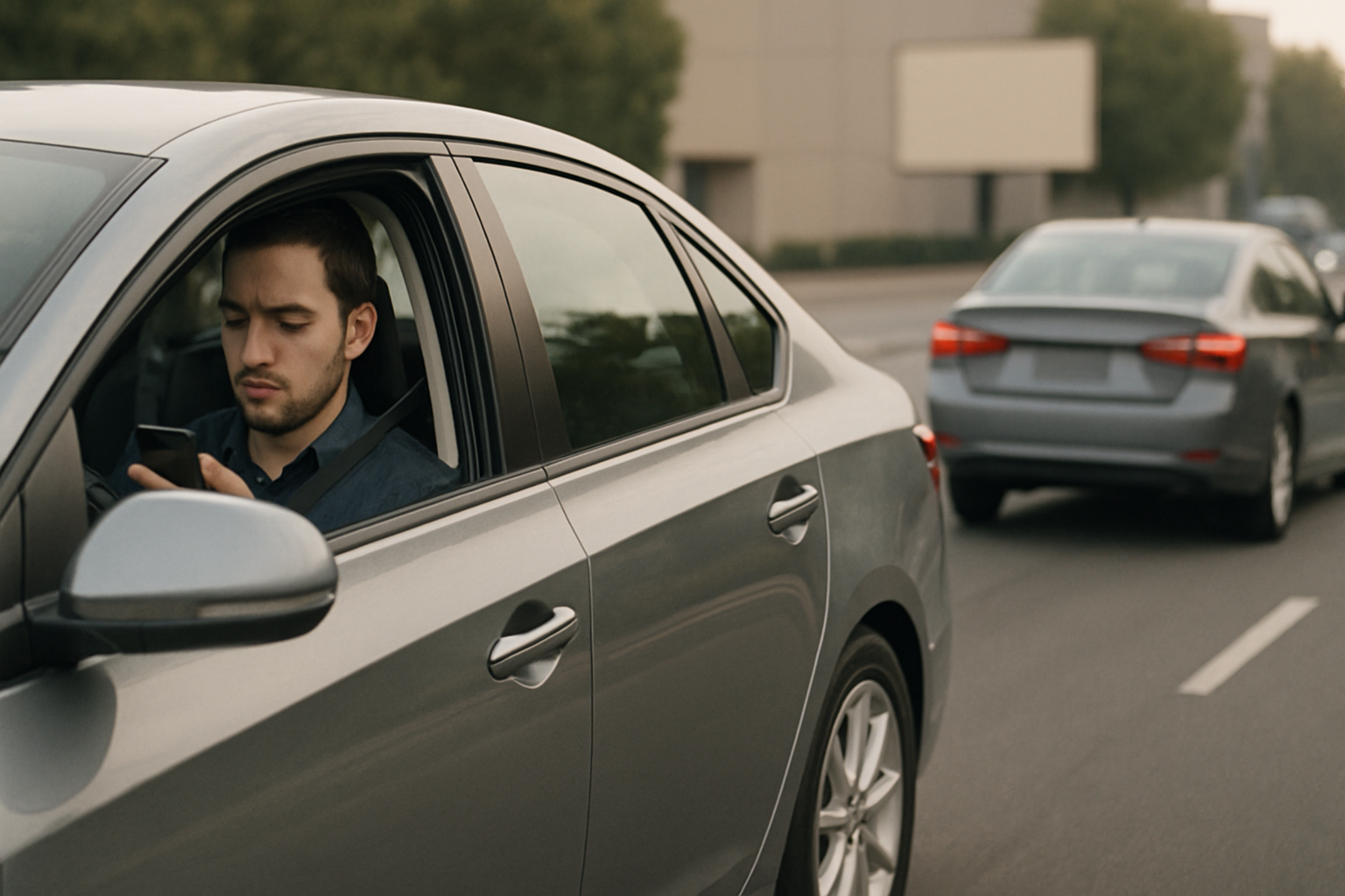 Man in grey car looks down at smartphone while driving, with another car closely following on a multi-lane road