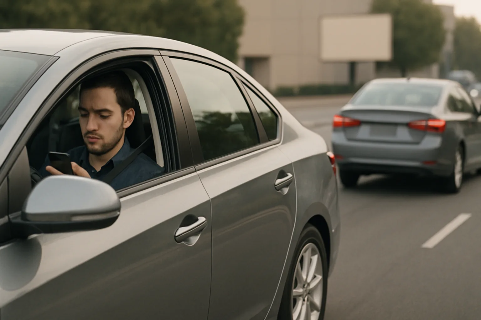 Man in grey car looks down at smartphone while driving, with another car closely following on a multi-lane road