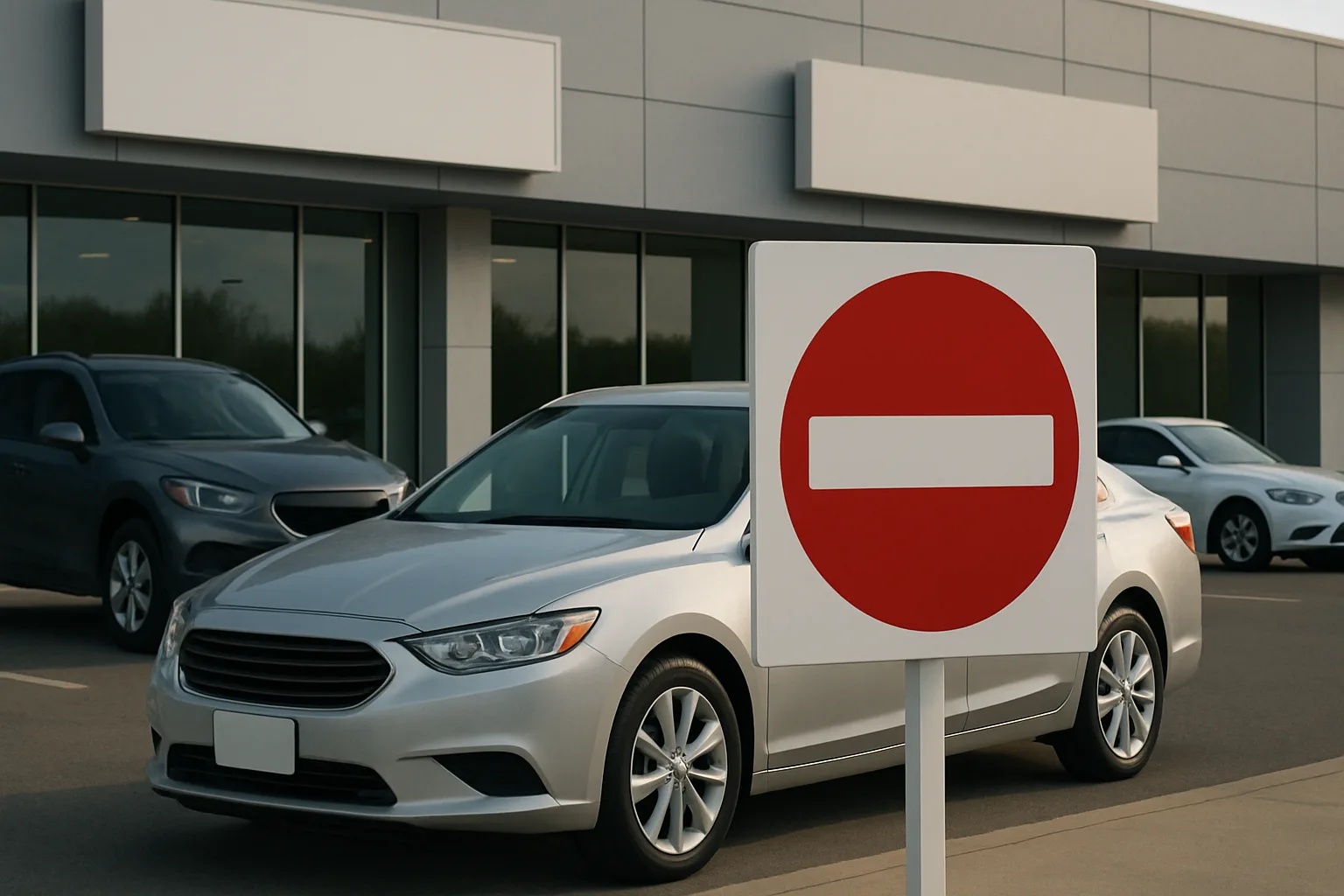 A large red and white no entry road sign stands in front of a silver car parked outside a modern dealership building