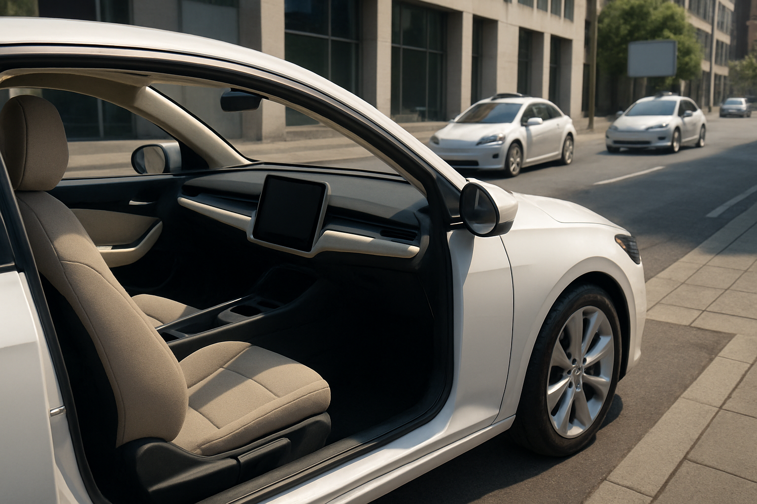 White car with open door showing a minimalist interior lacking steering wheel and pedals, parked on a city street