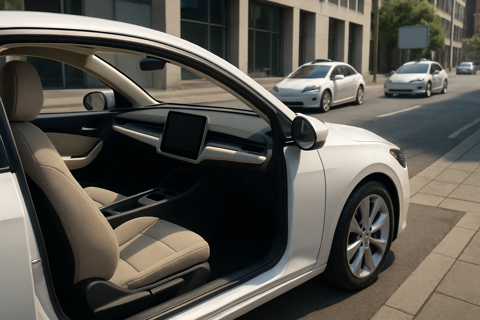 White car with open door showing a minimalist interior lacking steering wheel and pedals, parked on a city street