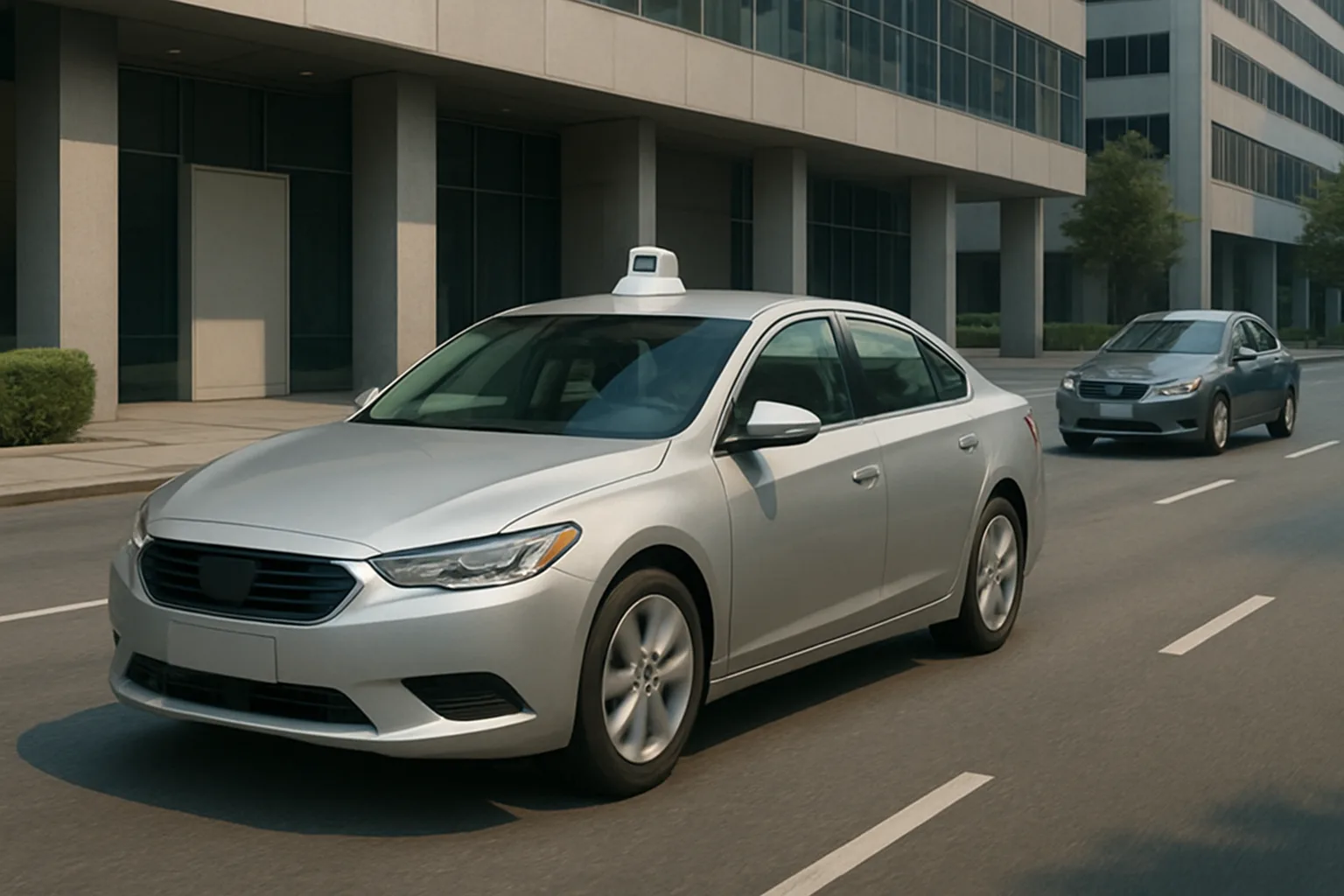 Sleek silver sedan with a white sensor on the roof driving on a city street beside modern office buildings