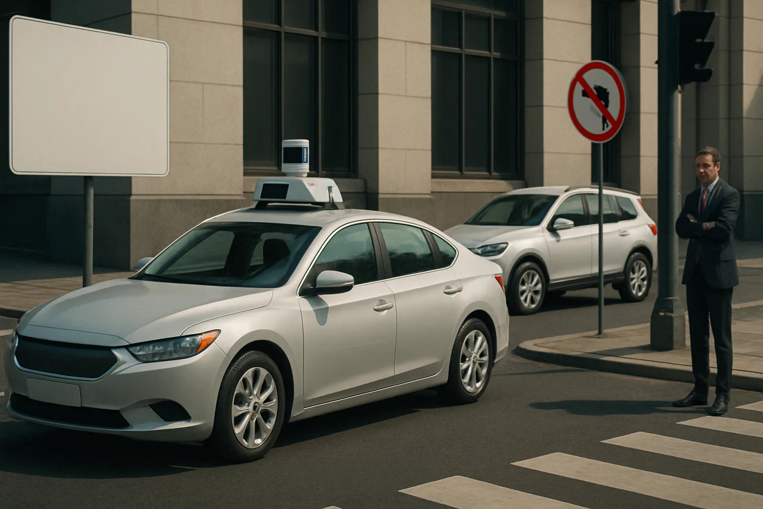Silver sedan with a rooftop sensor stops at a crosswalk, while a man in a suit stands on the curb and another car waits behind