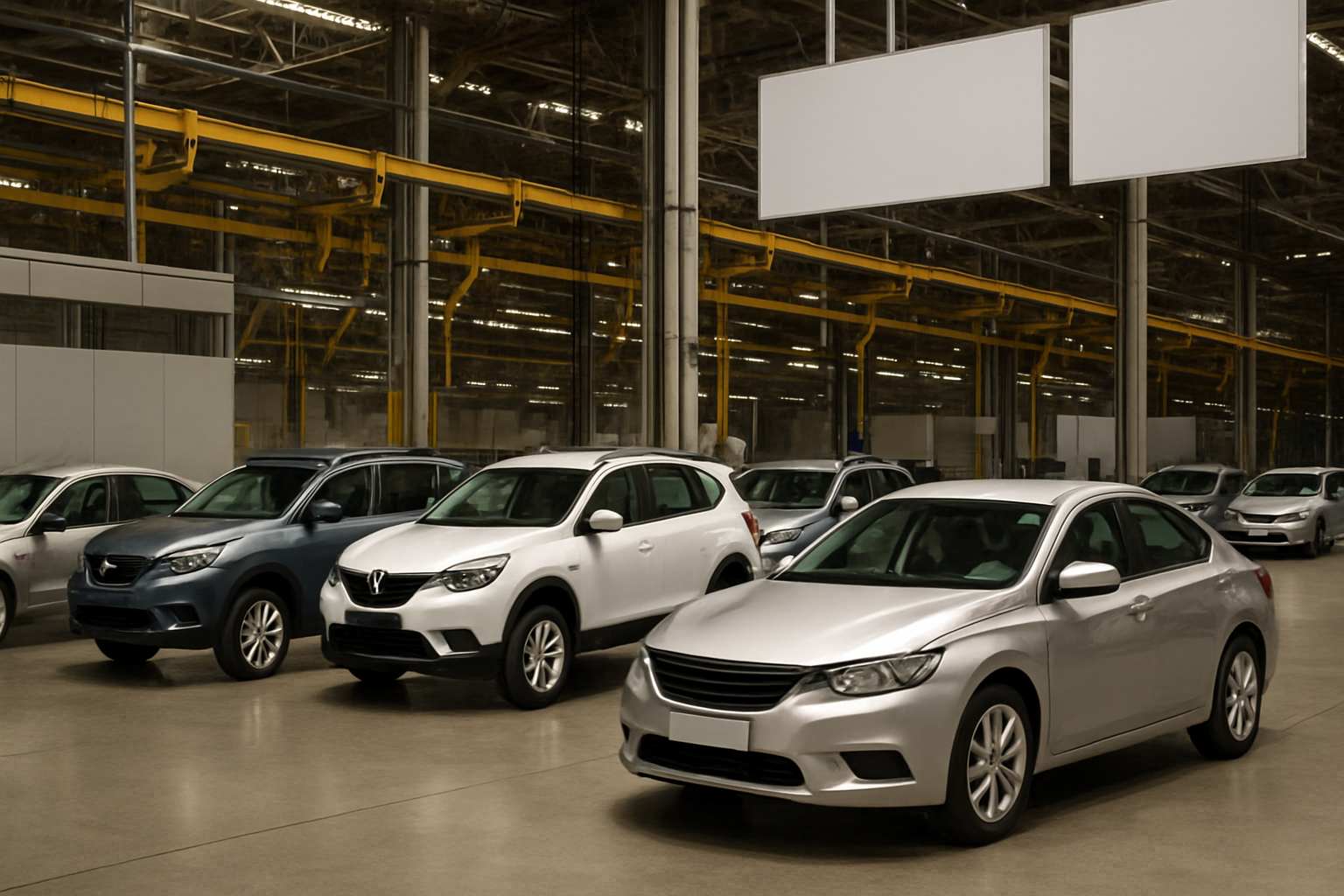 Six modern cars in neutral colors are parked indoors under bright industrial lighting with empty signs overhead
