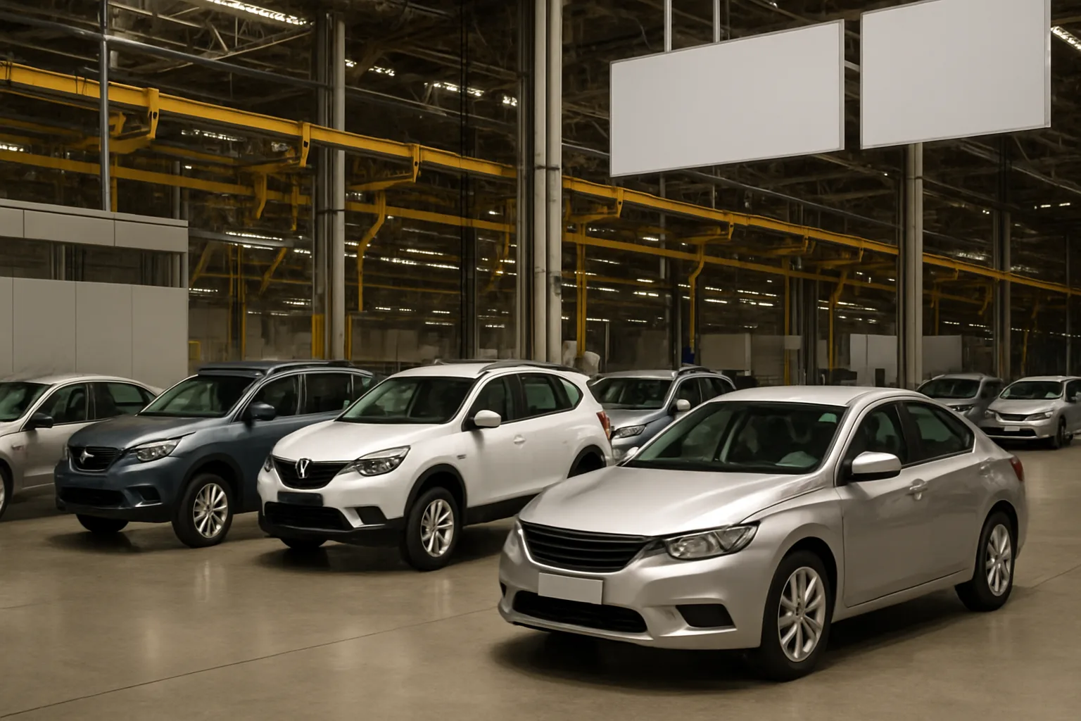 Six modern cars in neutral colors are parked indoors under bright industrial lighting with empty signs overhead
