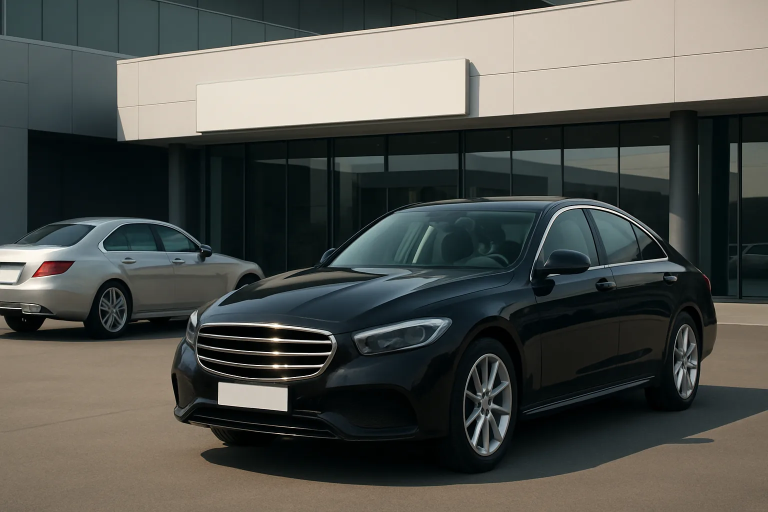 Two sleek, modern sedans parked on a smooth plaza in front of a glass-fronted building in soft daylight