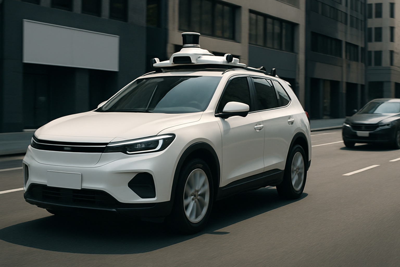 White SUV with roof-mounted sensors drives along a city street, passing modern buildings under daylight