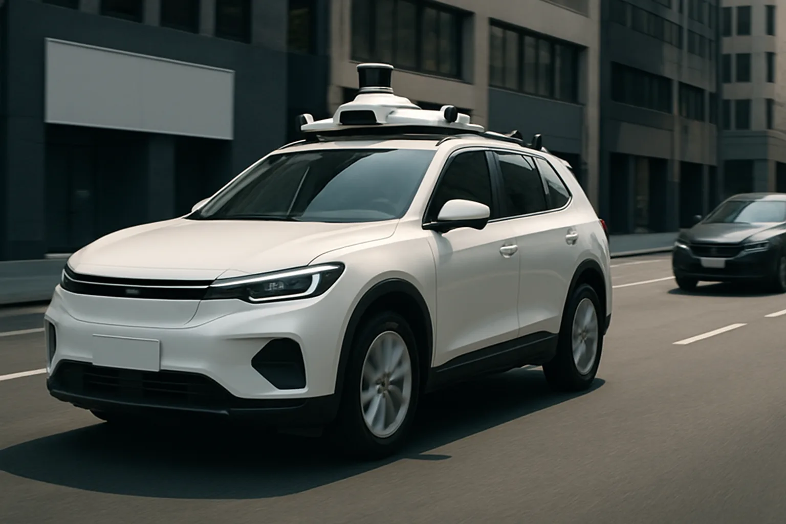 White SUV with roof-mounted sensors drives along a city street, passing modern buildings under daylight