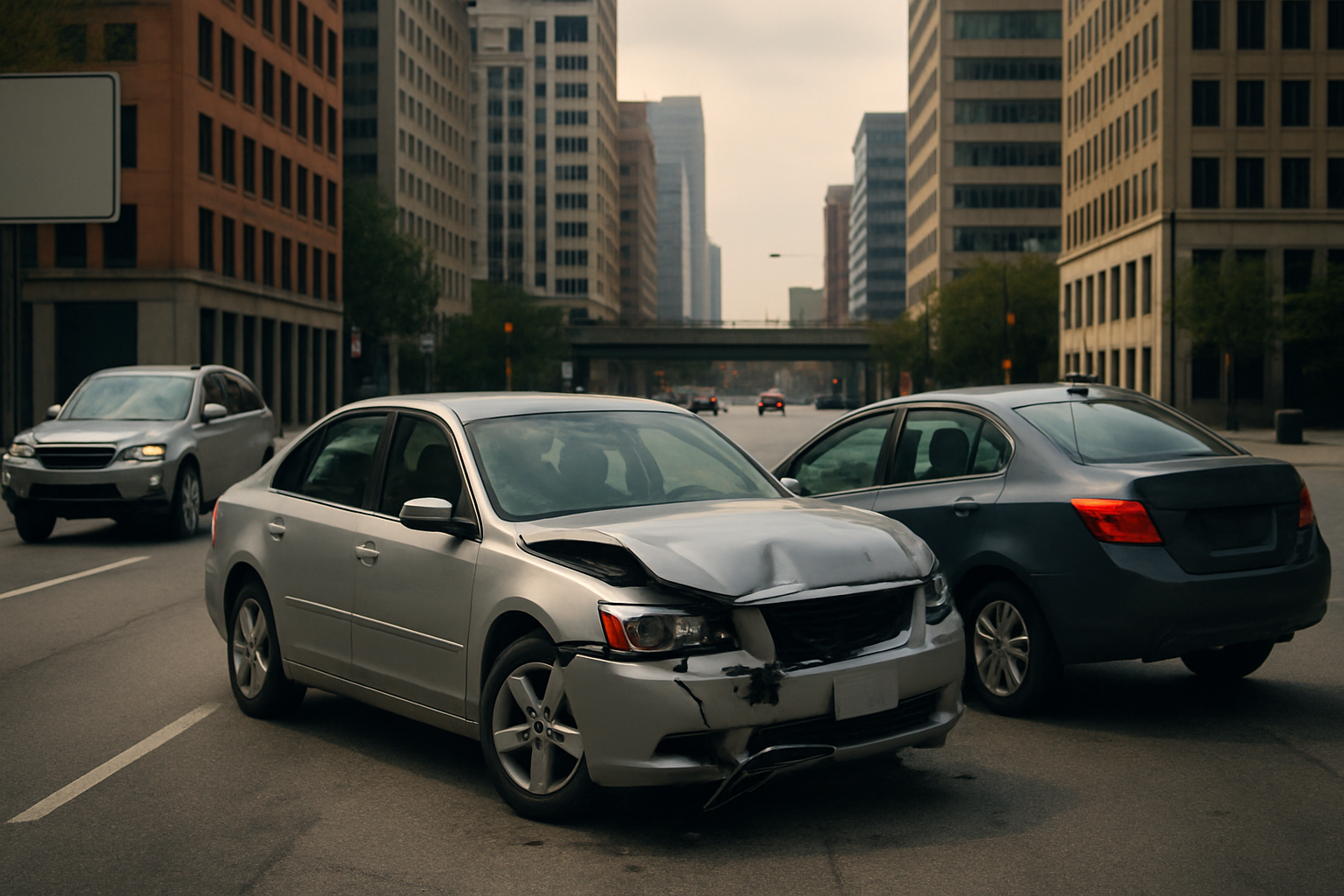 Two grey sedans with dented front ends sit askew in the middle of a wide city street flanked by tall buildings