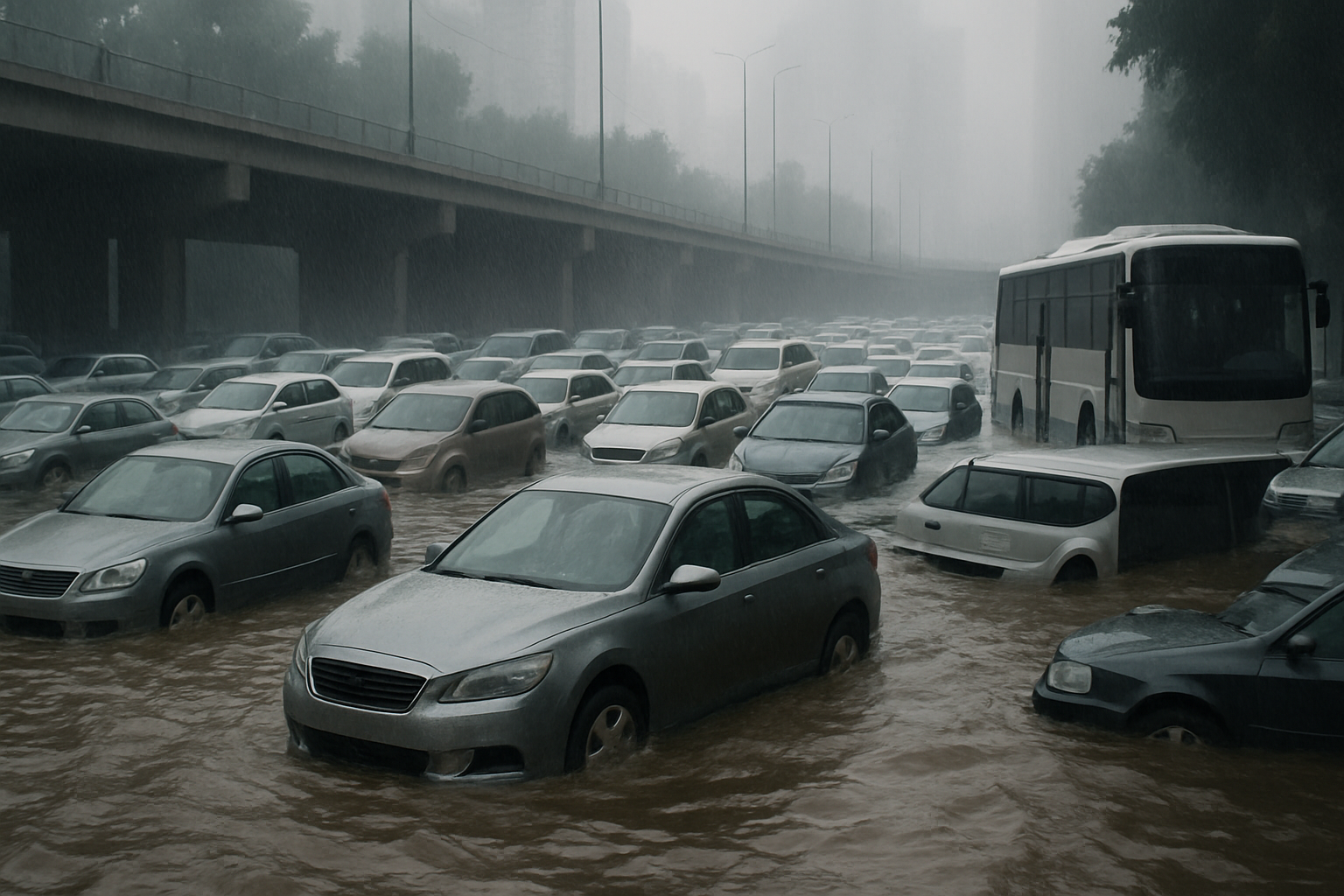 Rows of grey and white vehicles sit half-submerged in muddy floodwater under a gloomy, overcast sky