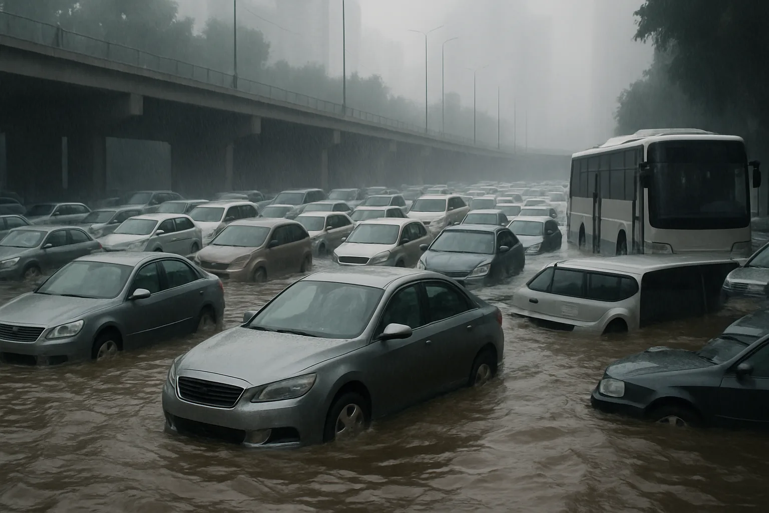 Rows of grey and white vehicles sit half-submerged in muddy floodwater under a gloomy, overcast sky