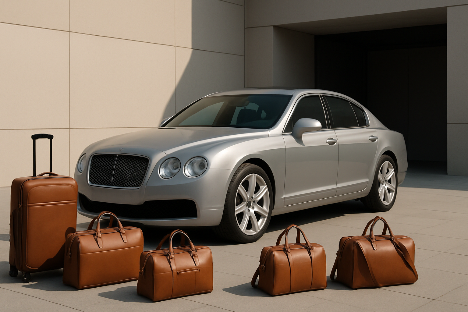 A set of tan leather travel bags arranged on smooth paving in sunlight beside a parked silver luxury sedan
